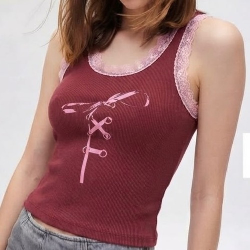 Urban Outfitters Tank Top Women LG Burgundy Pink Lace Corset Coquette Y2K Ribbed